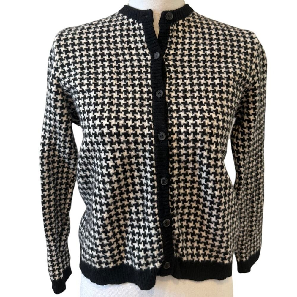Bogner Wool & Cashmere Cardigan Sweater Black Houndstooth Print